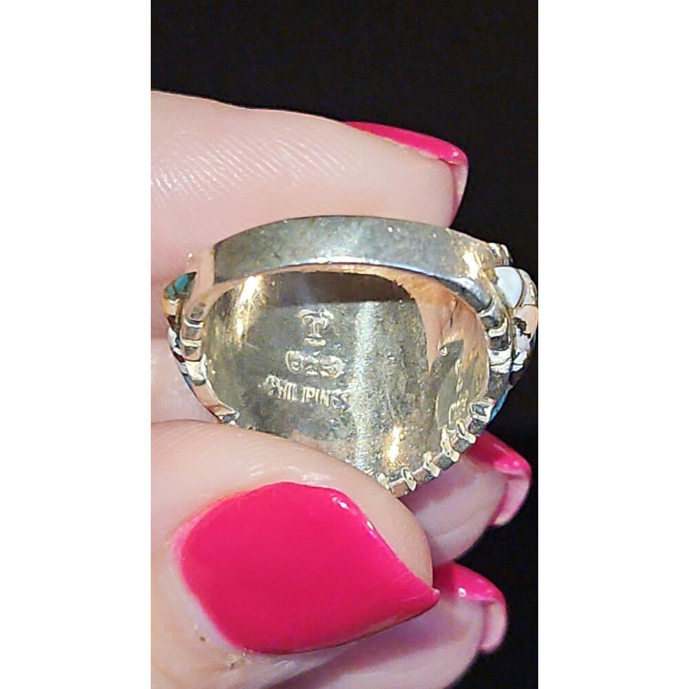Vintage Signed T 925 Sterling Silver Spiny Oyster Turquoise Inlay Ring Size 7 - Picture 3 of 3